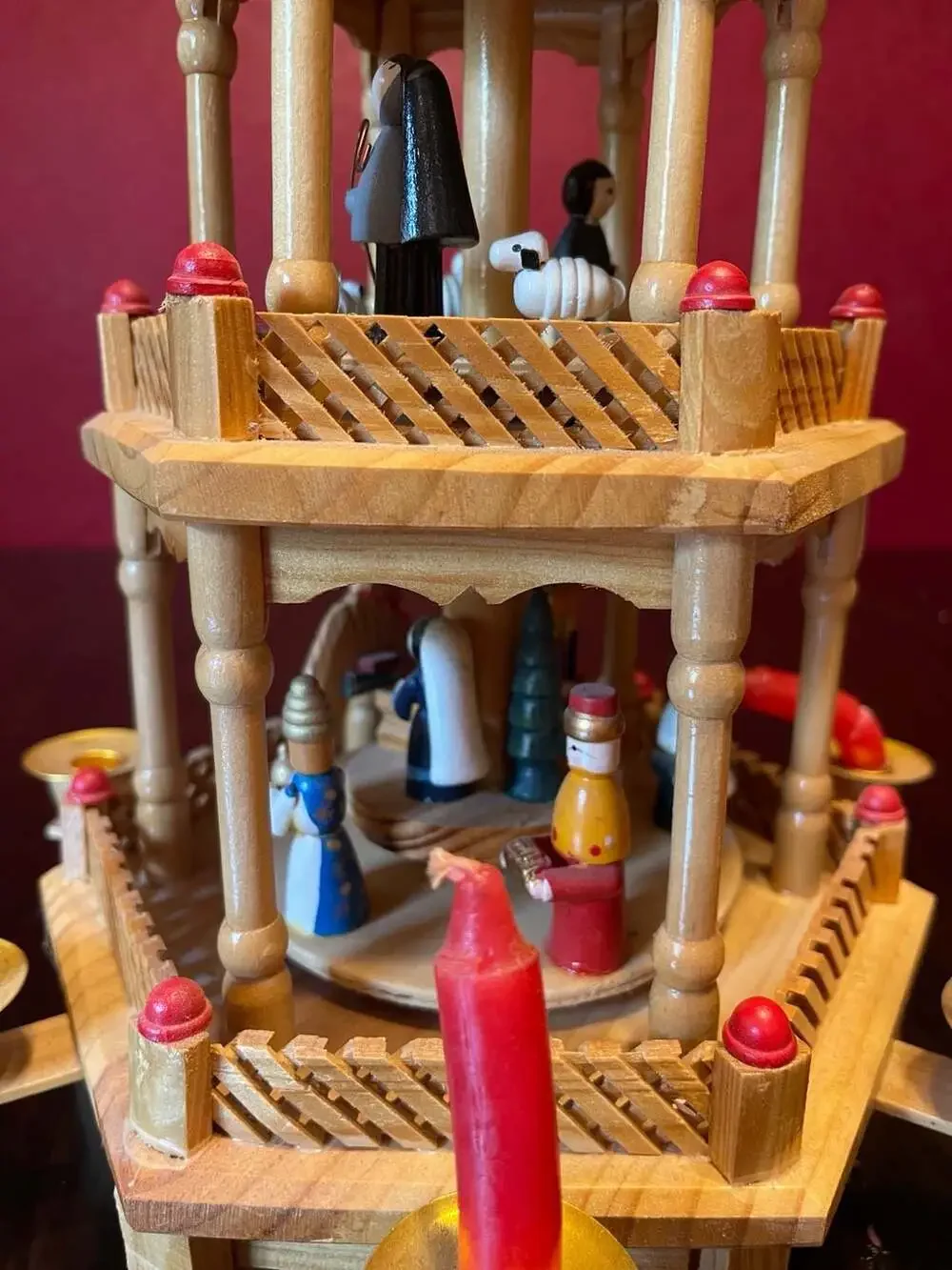 Vintage Lillie Vernon Three-Tier Wooden Christmas Pyramid Nativity Carousel